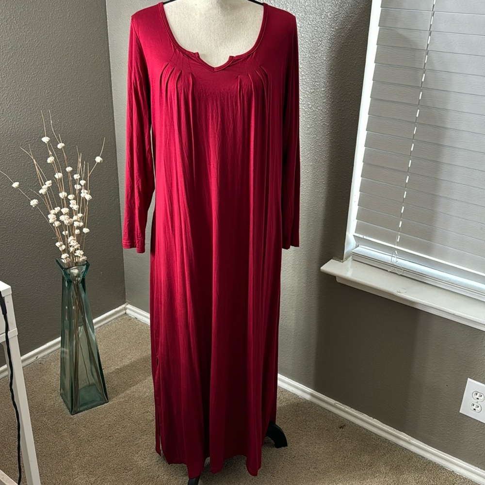 Nightdress Women Long Sleeve Nightgown V Neck Loungewear w/ Pockets red size S